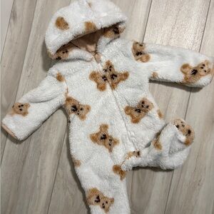 Cozy White and Brown Bear Print fleece Kids One Piece